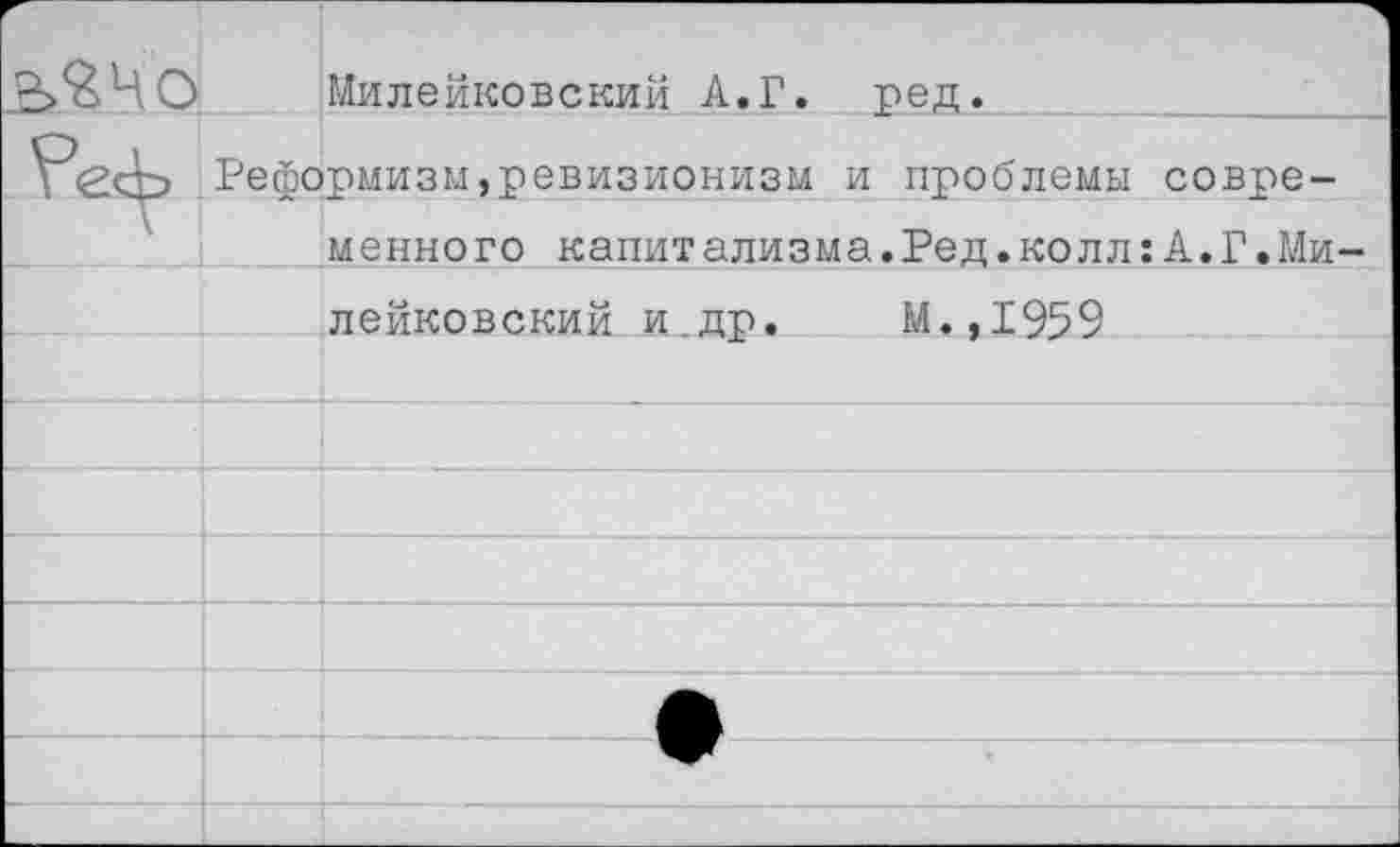 ﻿Милейковский А.Г. ред.
Реформизм,ревизионизм и проблемы современного капитализма.Ред.колл:А.Г.Ми лейковский и.др. М.,1959